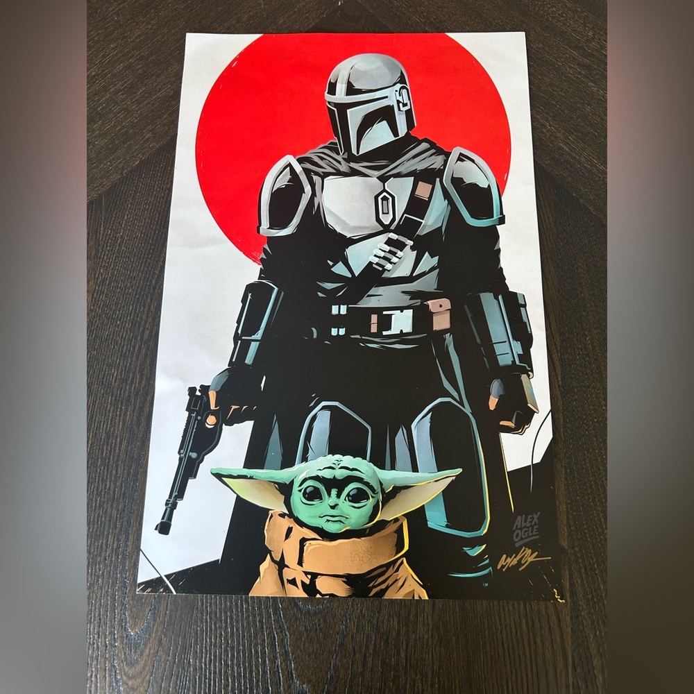 Mandalorian and Grogu Wall Art in Red and Black 1/1 Artist Alex Ogle Signed